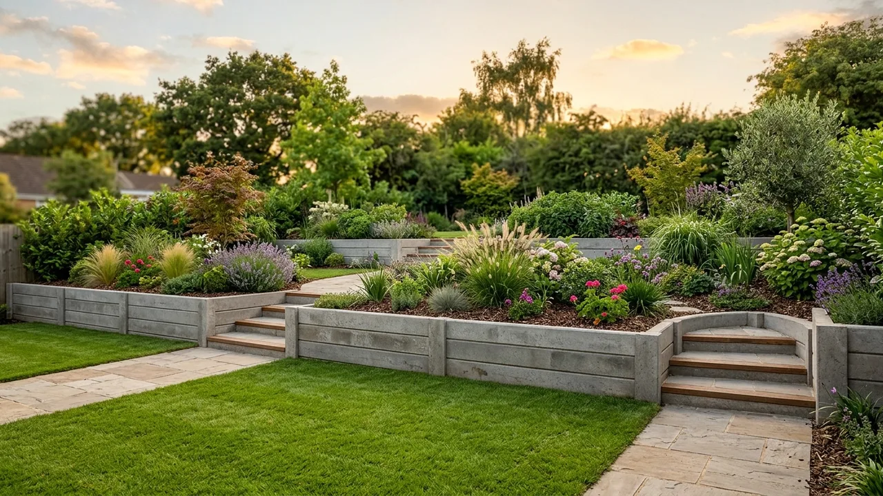 Finished concrete sleeper retaining wall on a Sydney backyard slope